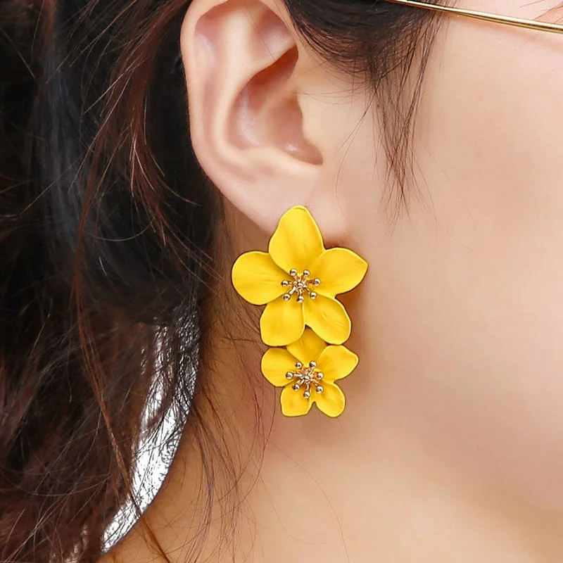 Boho Big Double Flower Drop Pendientes Verano Beach Party Moda Joyería