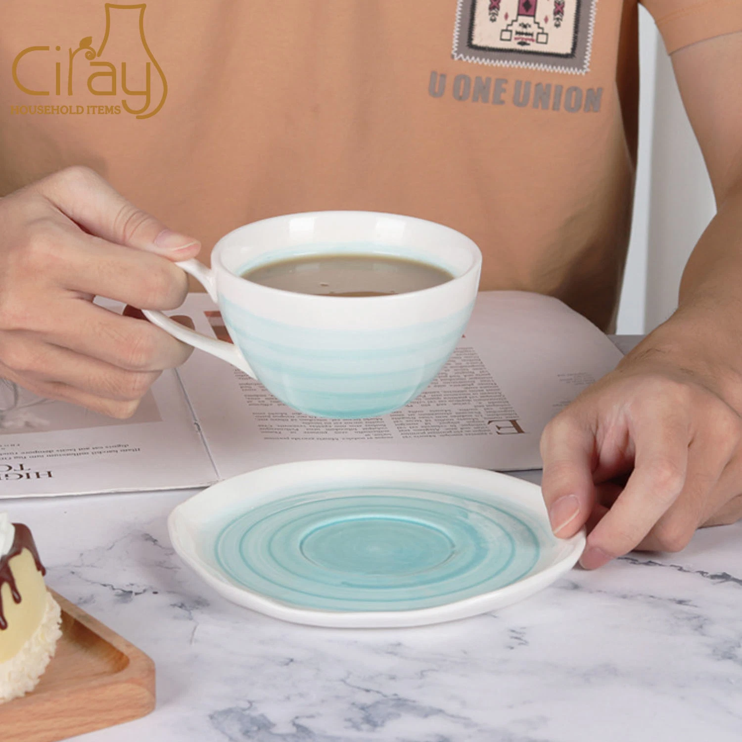 280ml Hand-Painted Irregular Graded Color Ceramic Coffee Cup and Saucer Set