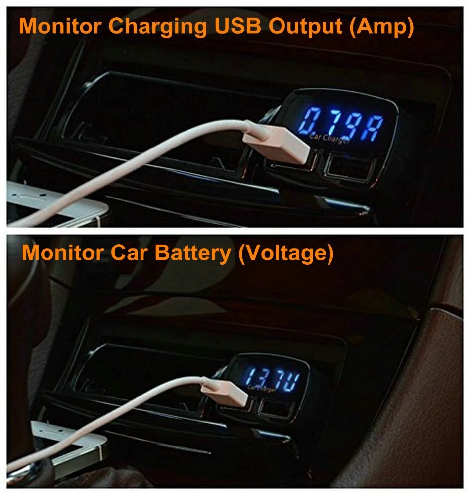 4.8A 24W DUAL USB Cargador de batería de coche Voltímetro Monitor con pantalla LED de voltaje y AMP.