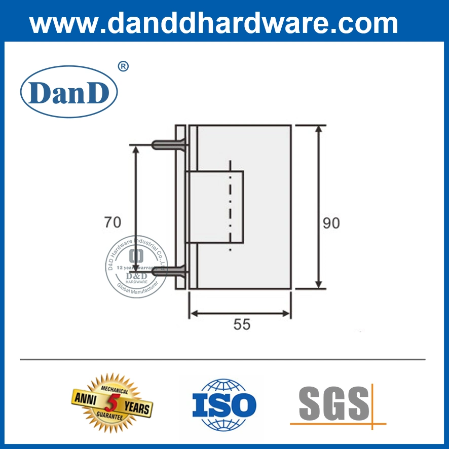 Tornillería de puerta ajustable de resorte de servicio pesado sin marco de 90 grados para Europa Montaje de tipos de latón pivote de abrazadera de vidrio conector a baño Ducha habitación bisagra de cristal