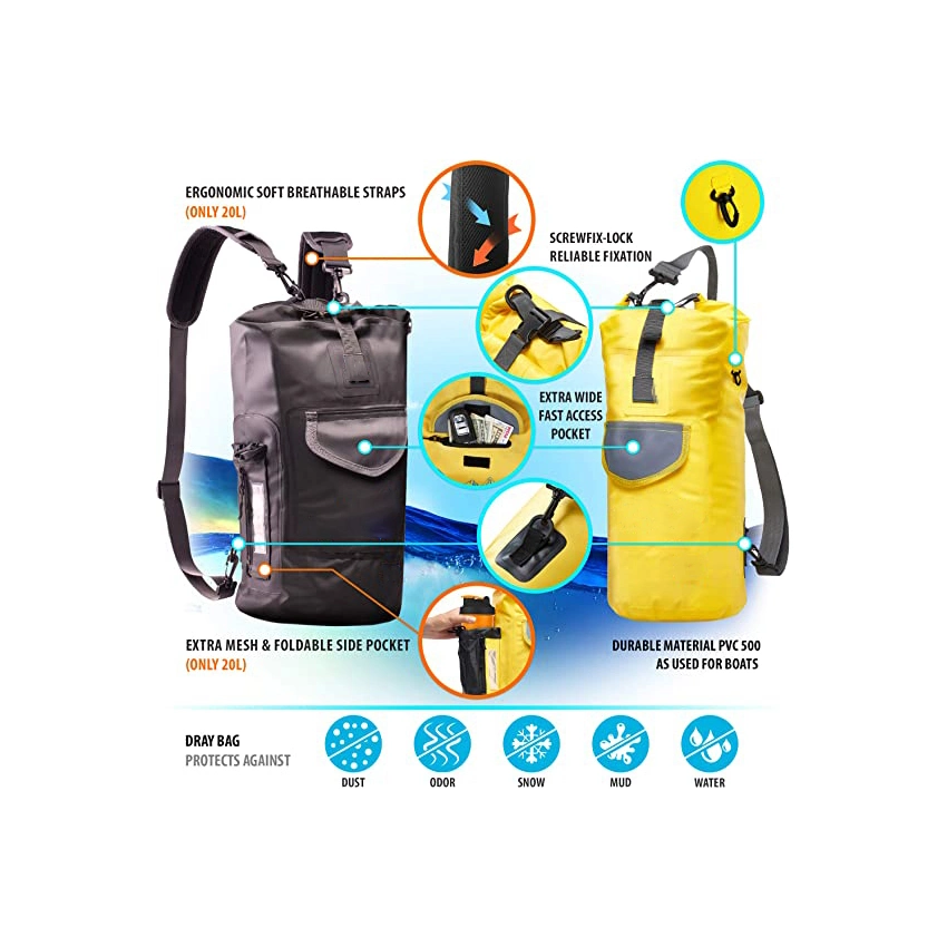 Dry Bag Waterproof Backpack for Kayaking Boating and Fishing Quick-Access Outer Pocket 500d Tear Resistance PVC