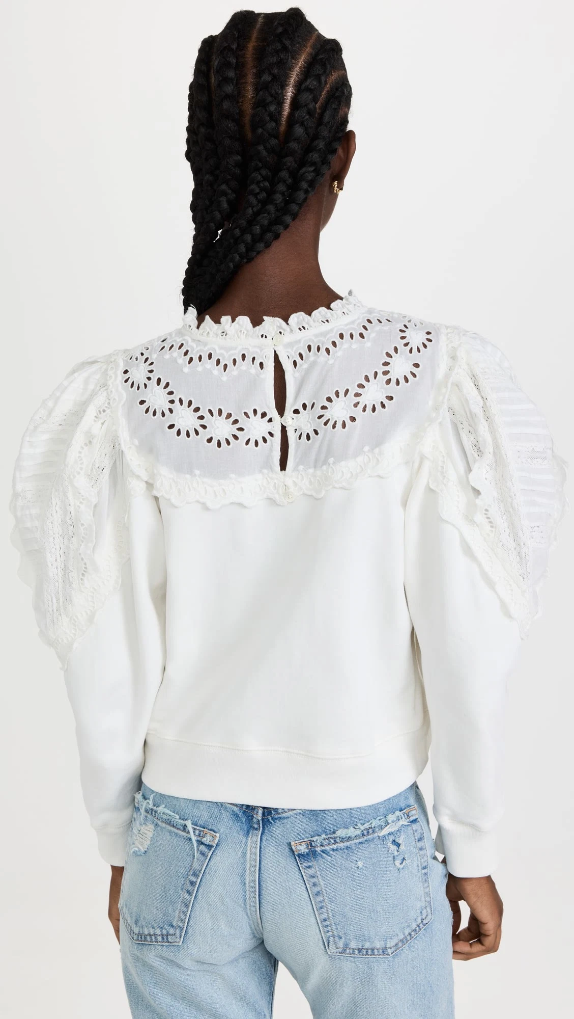 Eyelet Yoke with Ruffle Collar OEM China Casual Fashion Apparel Factory Hot Selling Wholesale/Supplier Fashion Summer Elegant Long Puff Sleeves Lady Blouses