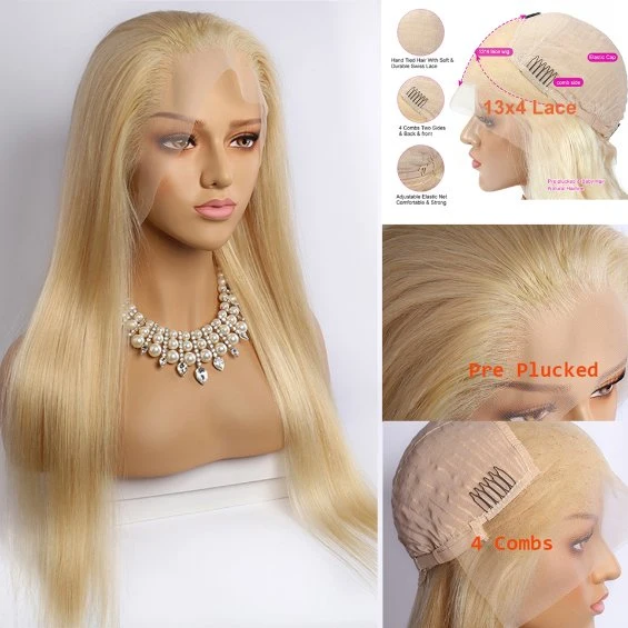 150% Density Pre Plucked Peruvian Remy Ombre Blonde Lace Front Straight Human Hair 613 Frontal Wigs Baby Hair