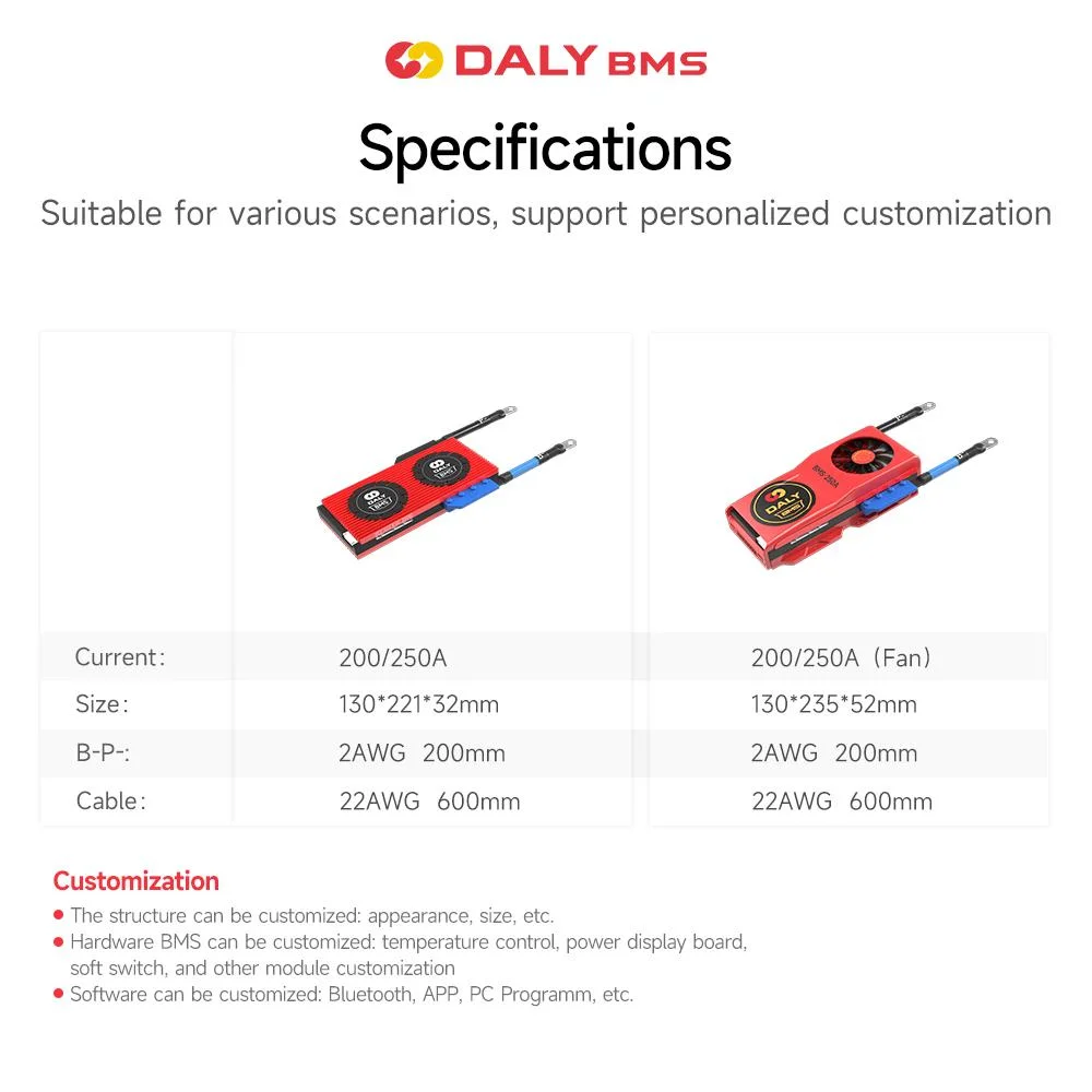 Daly 18650 3.2V Cell Smart LFP Home Storage BMS Lithium LiFePO4 Battery Pack 8s 24V 200A 250A Battery Management System