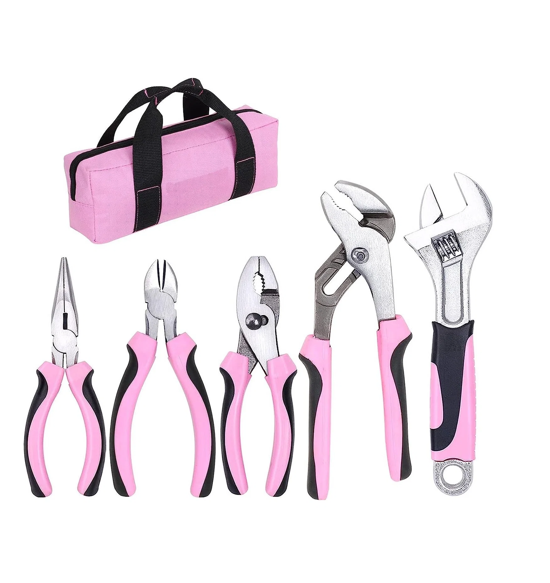 American Type 5-teiliges Pink Utility Zange Set mit Aufbewahrungstasche, inklusive Nut Zange, Diagonal Zange, verstellbarer Schraubenschlüssel, lange Nase, Zangen Mit Gleitverbindung