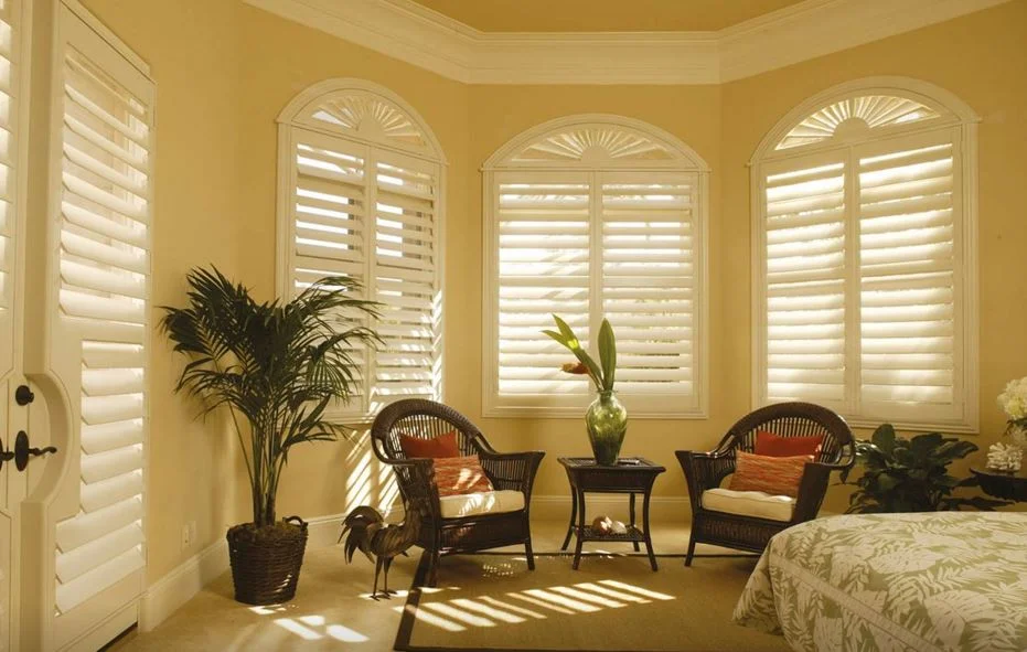 White Arch Window Decorative Low Budget Wood Blinds Shades Shutters