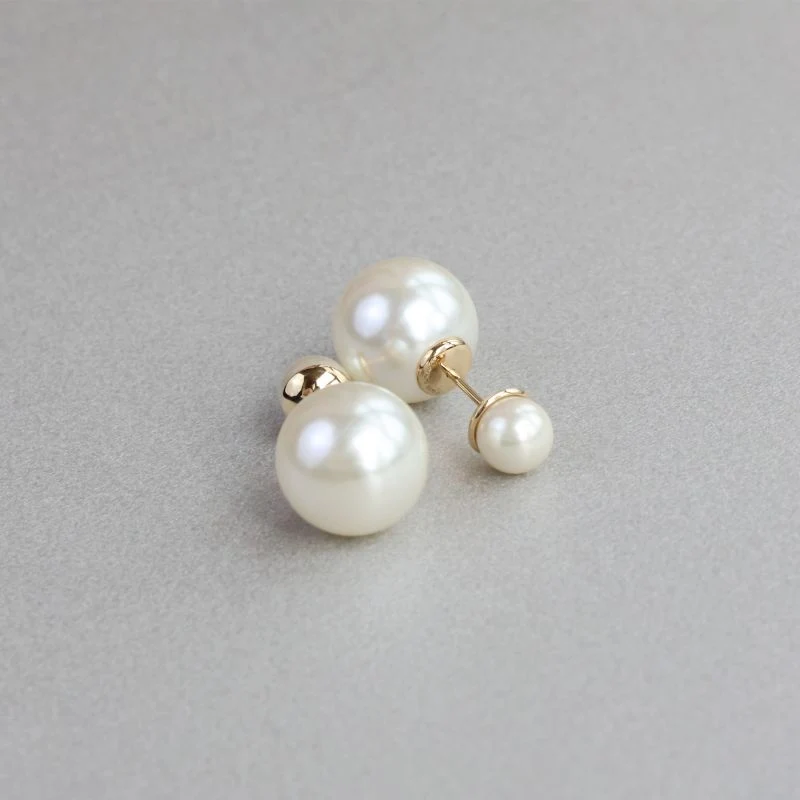 DiamondX Mother's Day Gift 18K Solid Gold Double Pearl Front and Back Stud Earrings