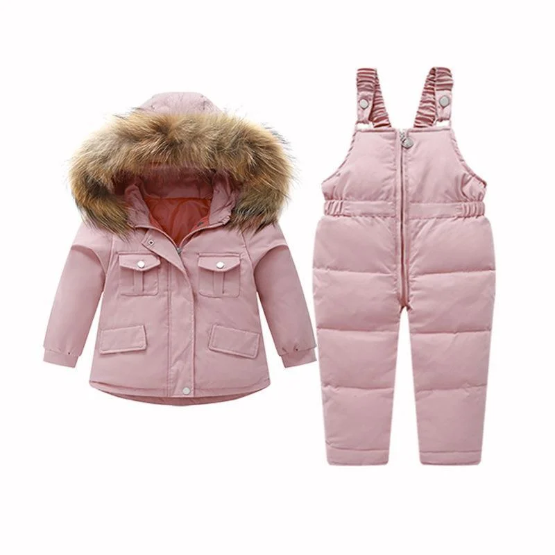 Childrens' White Duck Down Overalls Korean for Kids Coat&Pants Suit