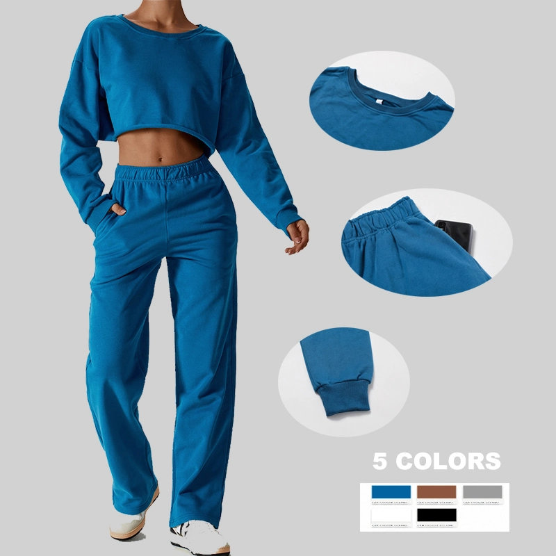 Winter Women Casual Workout Activewear Sports Long Sleeves Crop Tops High Waist Jogger Fitness Pants Athletic Wear for Winter