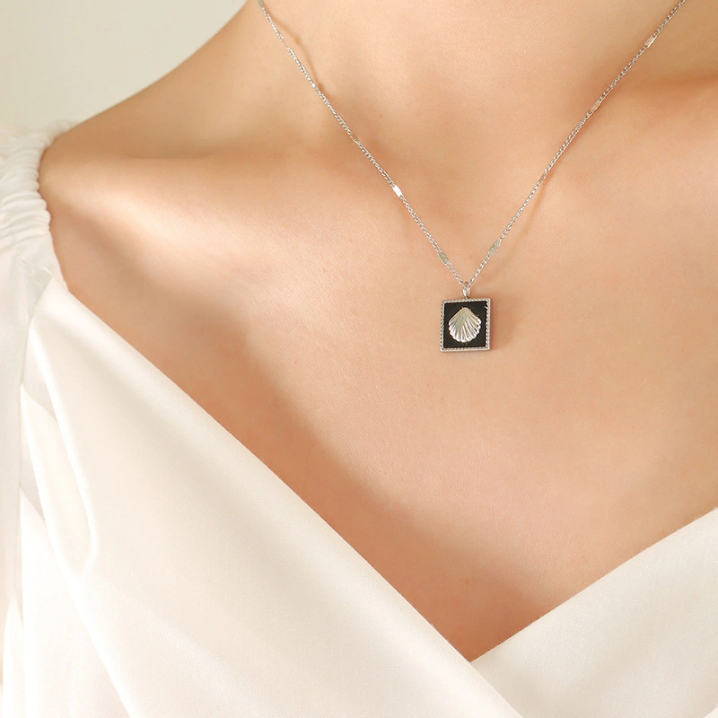 Dainty Stainless Steel Black Acrylic Square Shell Stud Earrings Pendant Necklace Jewelry Set