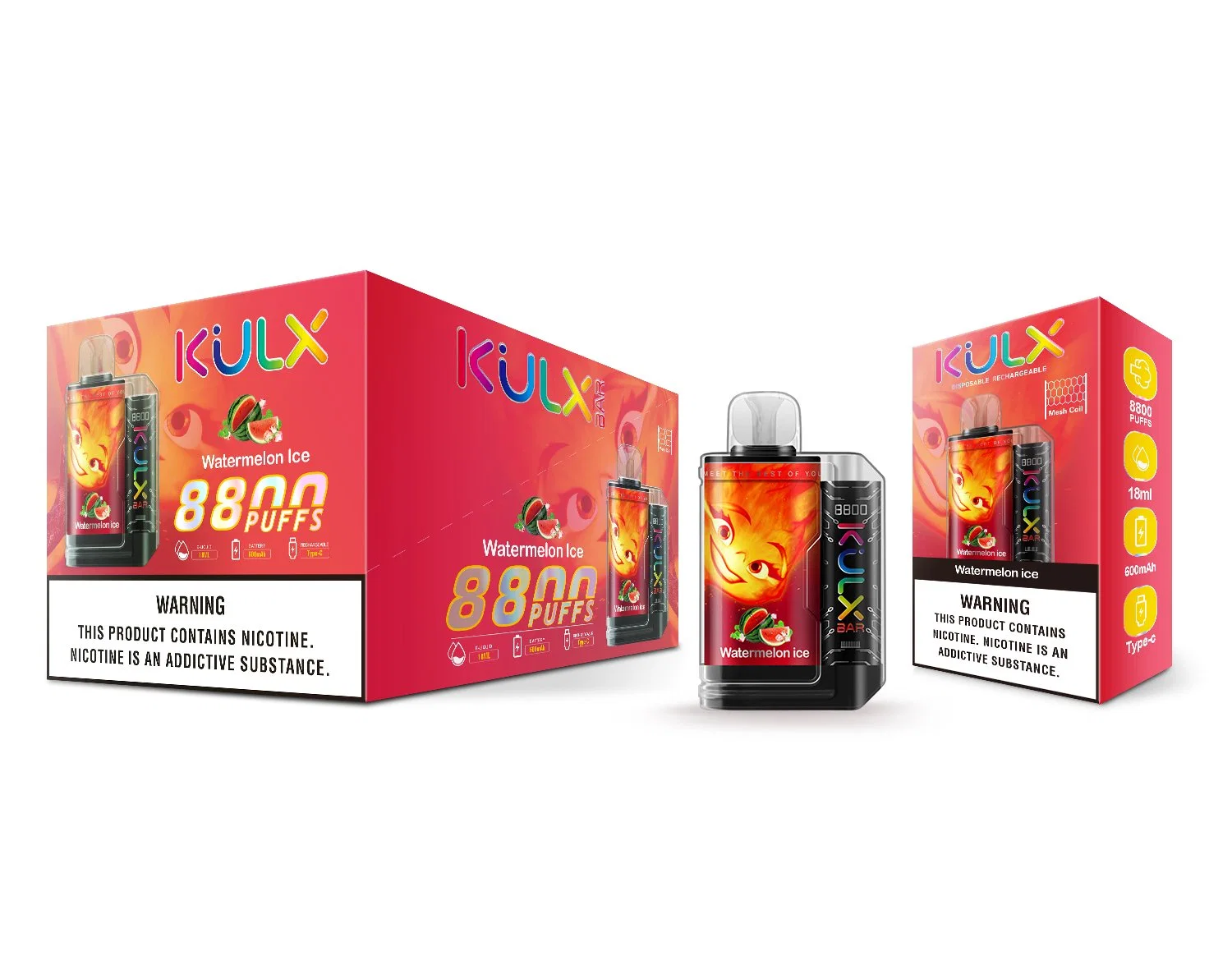 8800 Puffs originais Kulx Bar e bobina de malha de cigarro descartáveis Bateria recarregável vape de 650 mAh, recarga de 18 ml, pré-carregada, com 12 unidades Sabores
