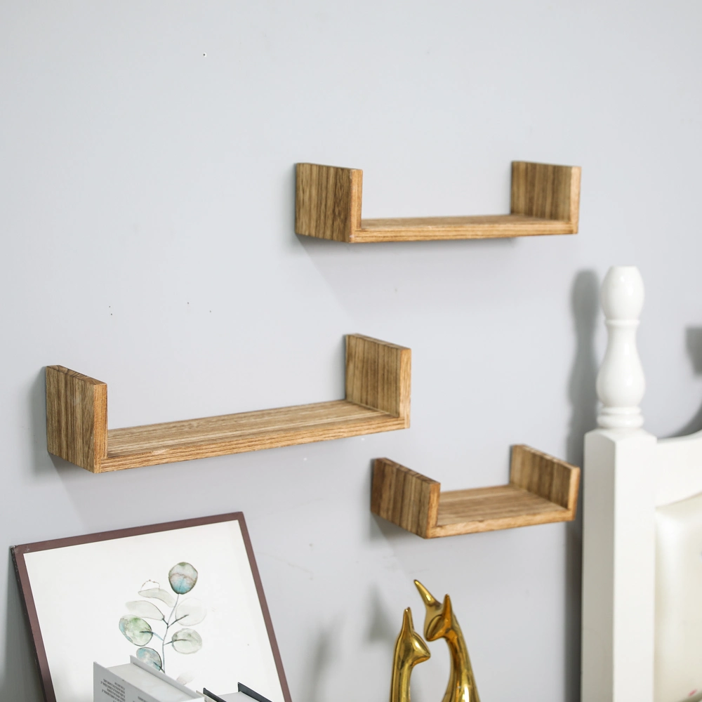 Natural Wood Handmade Wall Hanging Book Shelf Set Wooden U Shape Wall Mounted Rack for Home Decoration