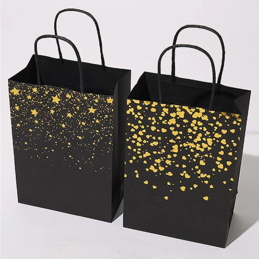 Black Kraft Paper Bags with Handles Gold Star Heart Gift Bags Party Shopping Bags for Birthday Party Wedding, 15X8X21 Cm 500PCS