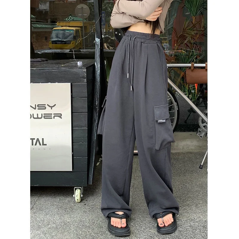 Retro Straight Wide Leg Pants Drawstring Multi-Pocket Athletic Sports Wear Pants Loose Street Cargo Pants