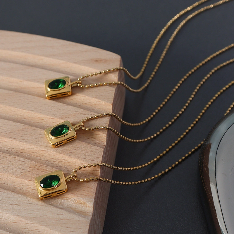 Minimalist 18K Gold Plated Titanium Stainless Steel Green Geometric Oval Zircon Pendant Necklace Jewelry