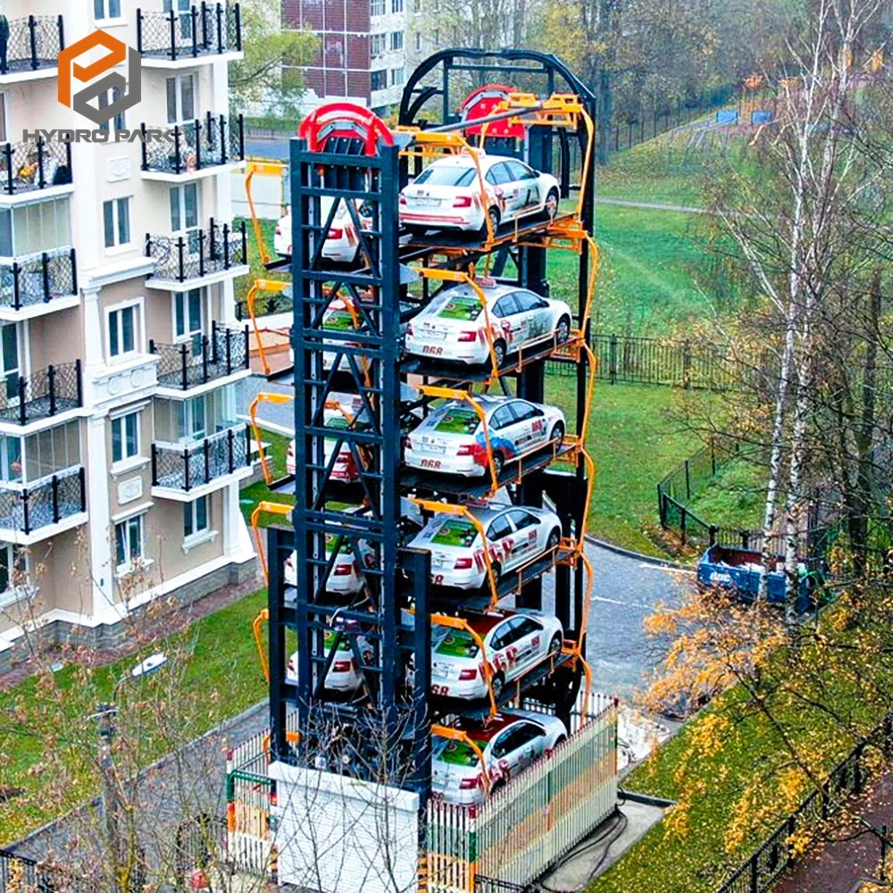 Sistema de estacionamiento automático mecánico de carrusel robótico. Ascensor de coches elevado para estacionar.