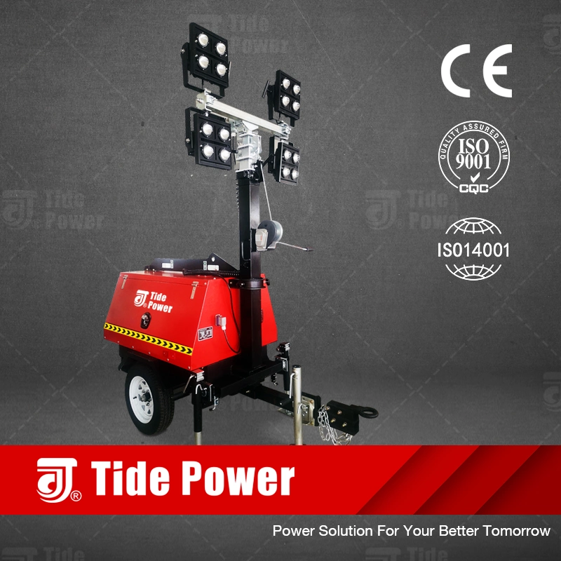 Torre de iluminación móvil Tide Power LED con motor Kubota Z482, alternador Meccalte Lt3n-75/4 50Hz/60Hz 2.7kw/3kw, vertical manual/hidráulico, 5000m³, 7.5m/9m, exterior