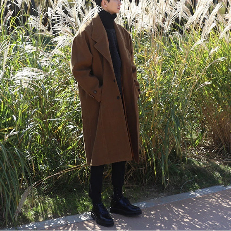 High quality/High cost performance Fall/Winter Thickened Korean Style Simple fashion Cool Men's Medium Length Woolen Fabric Overcoat/Coat/Jacket/Top/Clothing/Clothes/Garment