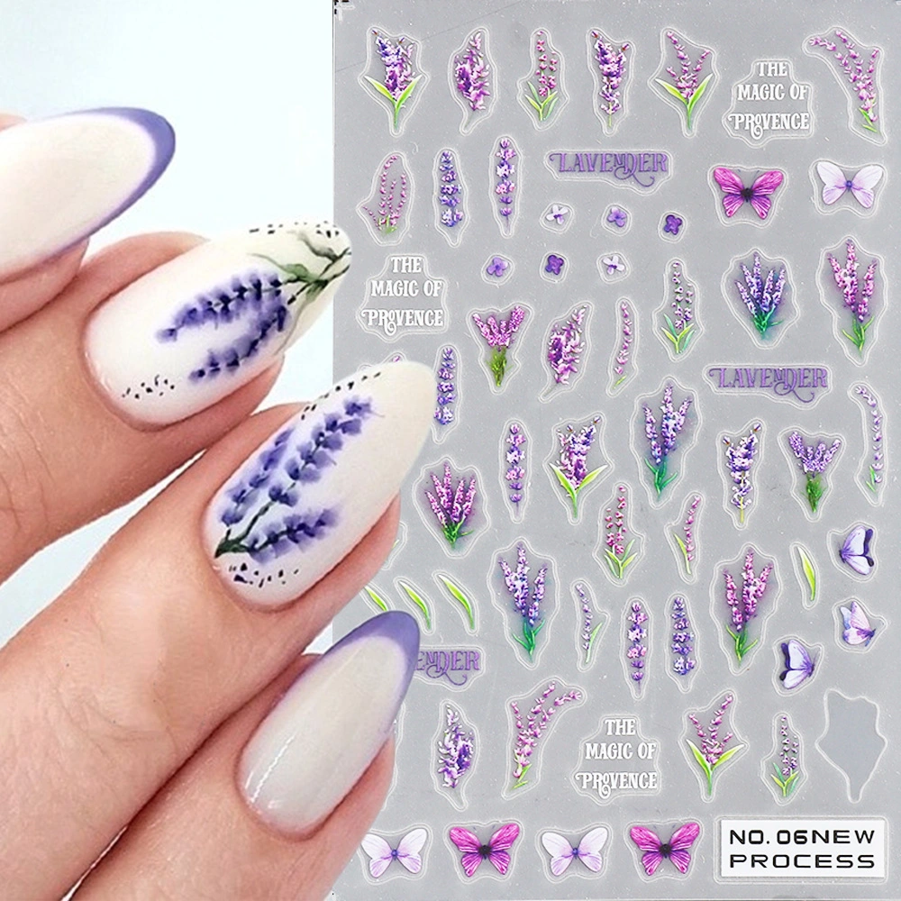 New Design Self Adhesive Nail Art Stickers Lavender Chamomile 5D Flowers Nail Decals