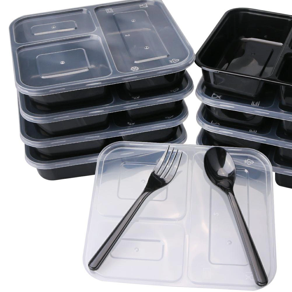 Three Compartment Disposable Lunch Box Meal Prep Plastic Food Container with Lid Picnic Takeaway Box Reusable