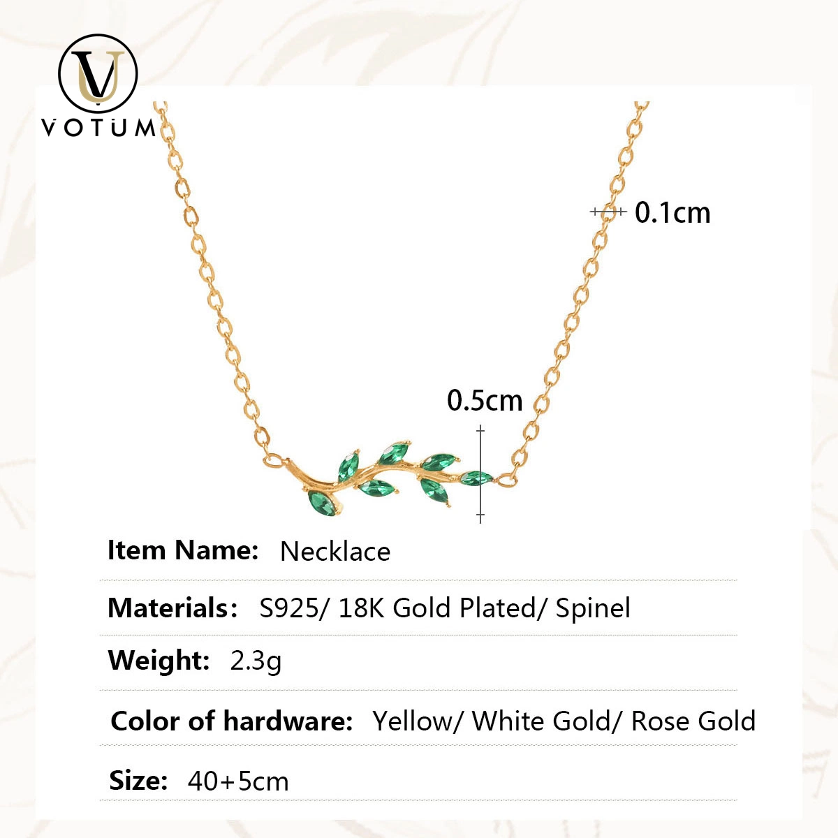 Votum Moissanite Spinel Leaves Design 925 Silver 18K Gold Plated Necklace Fashion Jewelry