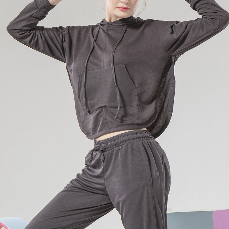 2020 Autumn Hallow Back Loose Hoodie Top with Side Pockets Jogging Pants Sports Fitness Yoga Wear Set