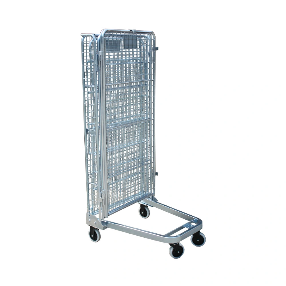 Nesting Cargo Cage Collapsible Goods Three Side Storage Metal Galvanized Warehouse Folding Pallet Cart Trolley