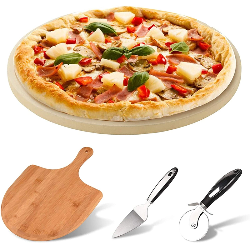 13 Inch Pizza Stone with Wooden Pizza Peel and Stainless Steel Cutter