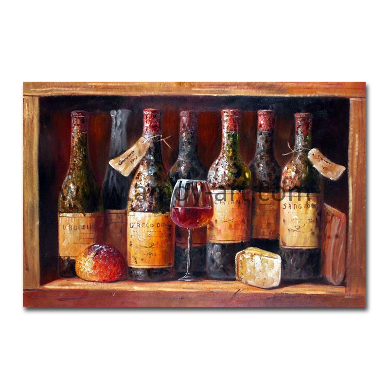 La clásica botella de vino artesanal pintura al óleo para la decoración del hogar