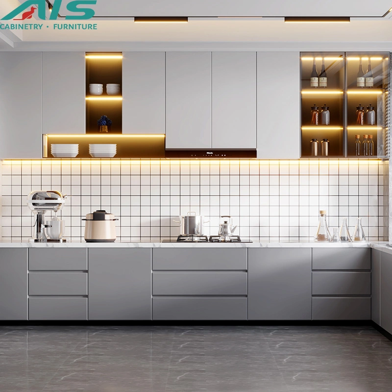 AIS European Modern Design Style Custom Minimalistic Furniture Set Grey PVC Kitchen Cupboards Cabinets and Glass Showcase