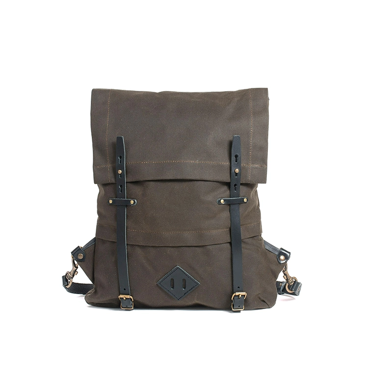 Vintage Design Dark Khaki Wax Canvas Laptop Bag Canvas Backpack for Men