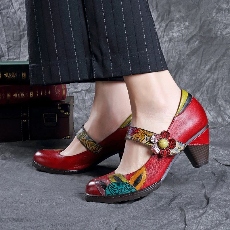 Lady 70s Vintage Gipsy النمط الثالي أزياء المرأة الجلد الفني مضخات مع أحذية عالية الكعب