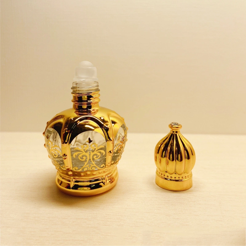 Rodillo de botella de Perfume de vidrio 5ml 10ml Crown Plastic Head Gold Los tapones se enrollan en el envase de aceite esencial envase de cuidado de la piel