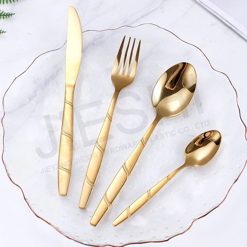 18/0 Mayoreo Bright Knife Fork cuchara personalizada vajilla de lujo Flatware Juego de vajilla de mango elegante Cubertería de acero inoxidable dorado