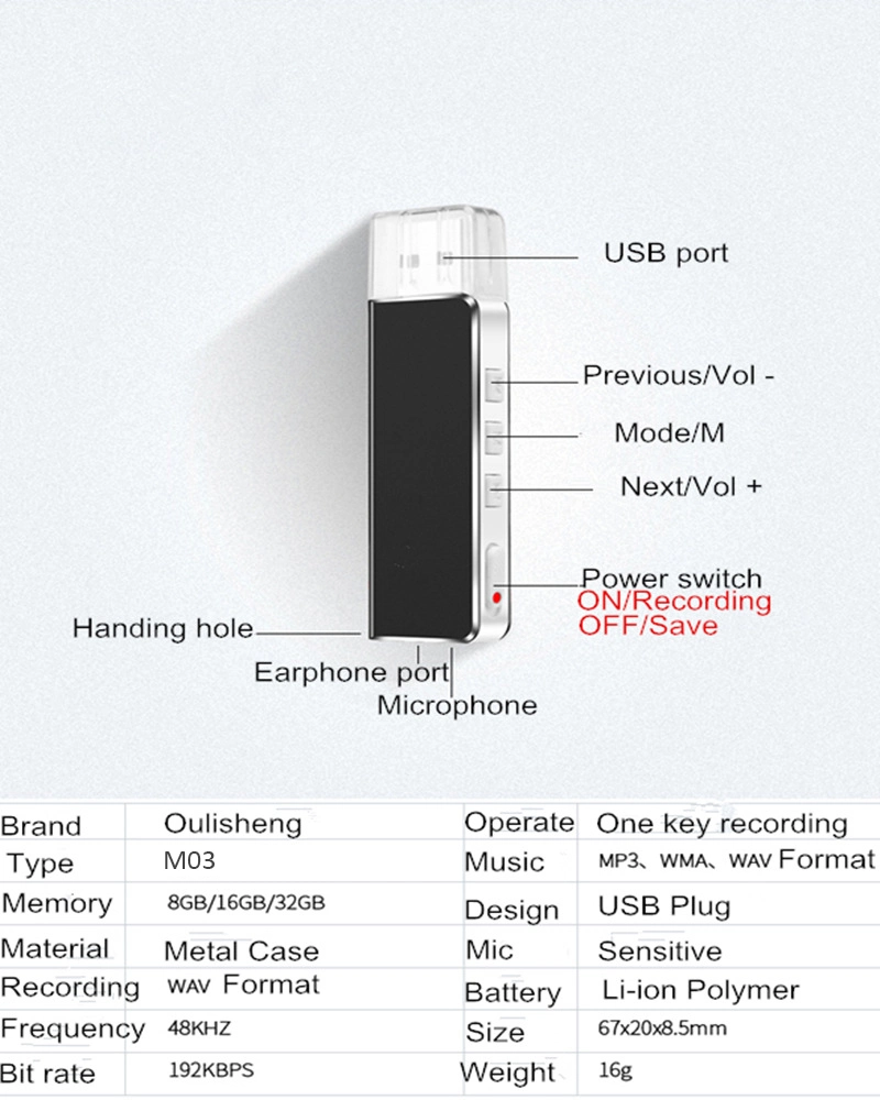 USB Digital Voice Recorder, Wav 192kbps, Playback Function