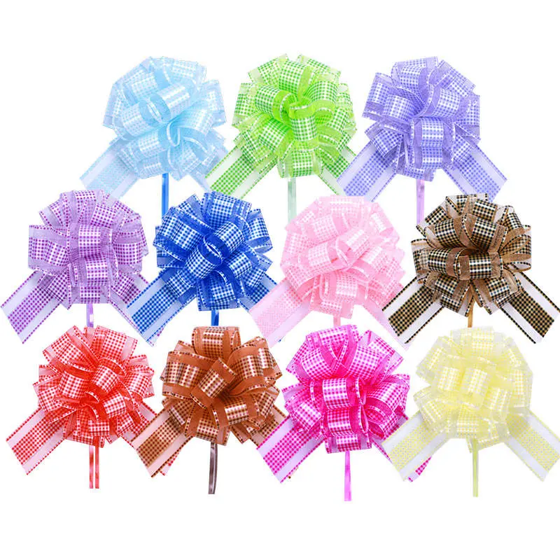 Vente en gros Organza de haute qualité ruban noeud décoration de mariage cadeau Enveloppez les boucles de traction POM POM avec la ligne dorée