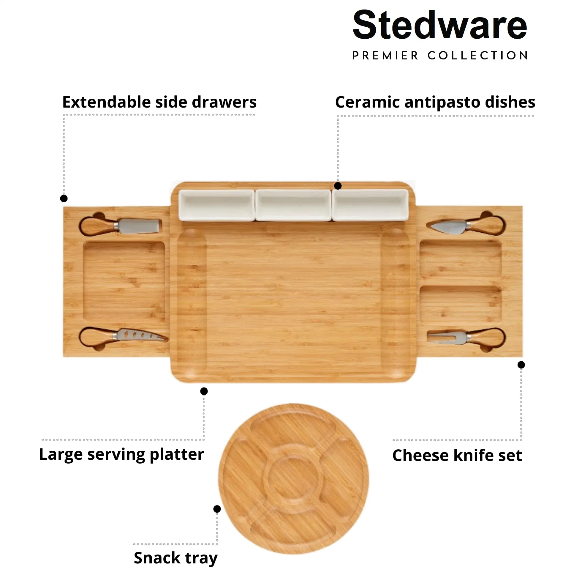 لوح الشاركوتري، لوح الجبن، أوعية خزفية ومجموعة سكين، طبق بامبو كبير جداً لتقديم الجبن، اللحوم - هدية للرجال والنساء والأزواج، آنيفرسا