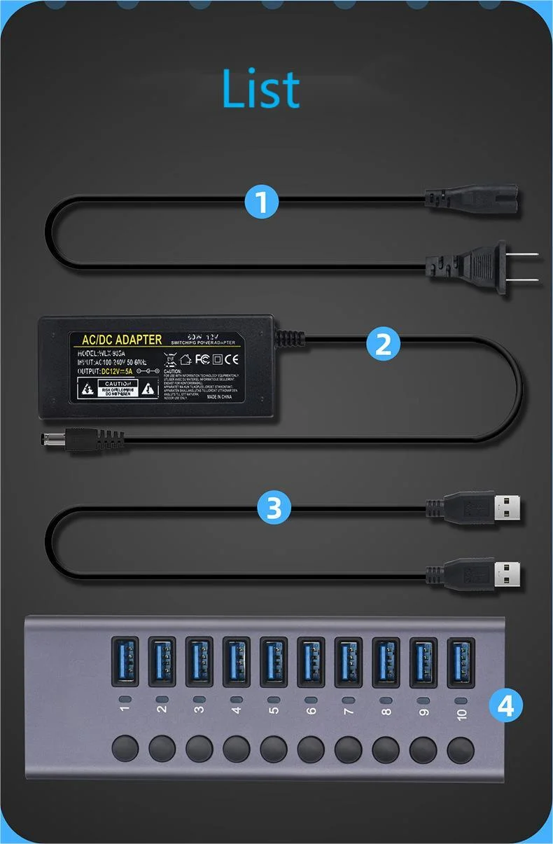 Multifunktionaler USB 3,0-Hub mit 10 Ports Hub und Unabhängiger Schalter Hochstrom-USB-Splitter