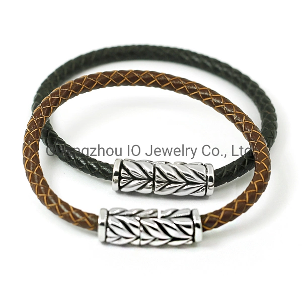 Braided Design Jewelry Black Leather Braided Bracelet with Magnetic Clasp