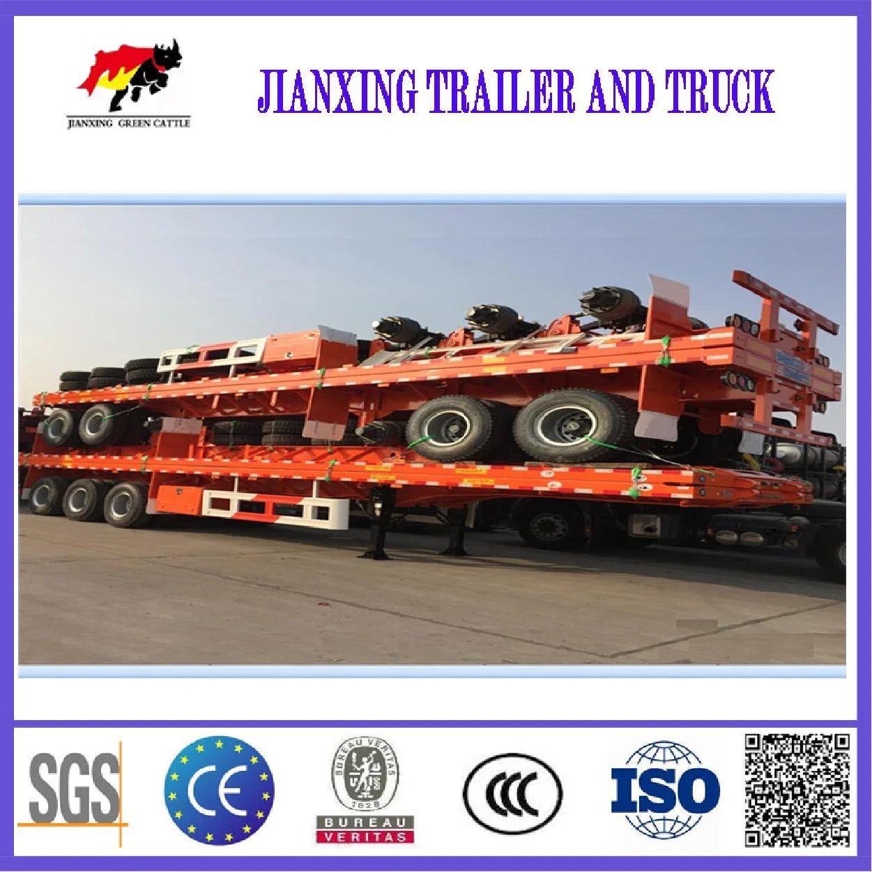 Heavy Duty Jiannxing 40 pieds à plat 3 lit 4 essieux 20ft 40ft 50ft 60FT conteneur semi remorque de camion à plat pour la vente