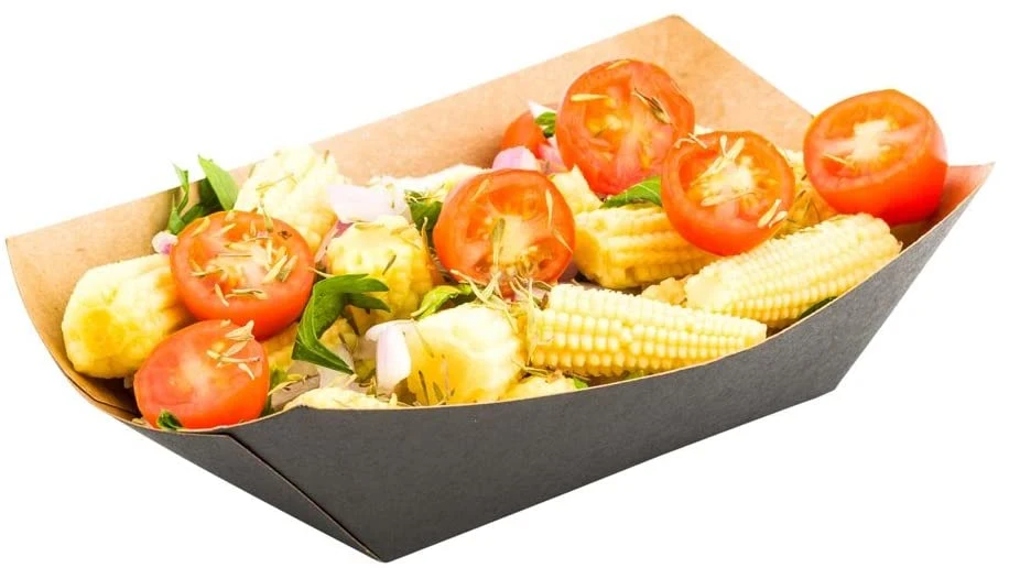 3.3-Inch Disposable Paper Food Tray - Black with Kraft Brown Interior Take out Boat: Perfect for Restaurants, Cafes, and Parties - Environmental-Friendly.