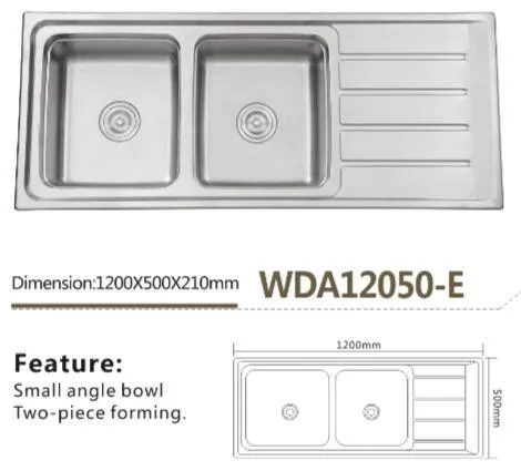 SUS 304/201top Mount Wda12050-E Double Bowl with Drain Board Kitchen Sink