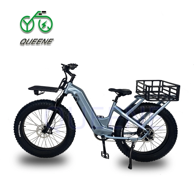 Queene Unisex High Speed 50km/H 48V500W750W 26'' Fat Tyre Engine Beach Cruiser Electric Cargo Bike with Basket