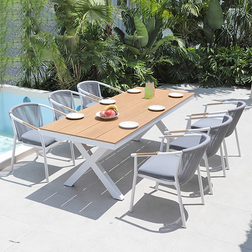 6 asientos moderno silla y comedor Mesa Restaurante Poly Rattan Muebles exterior