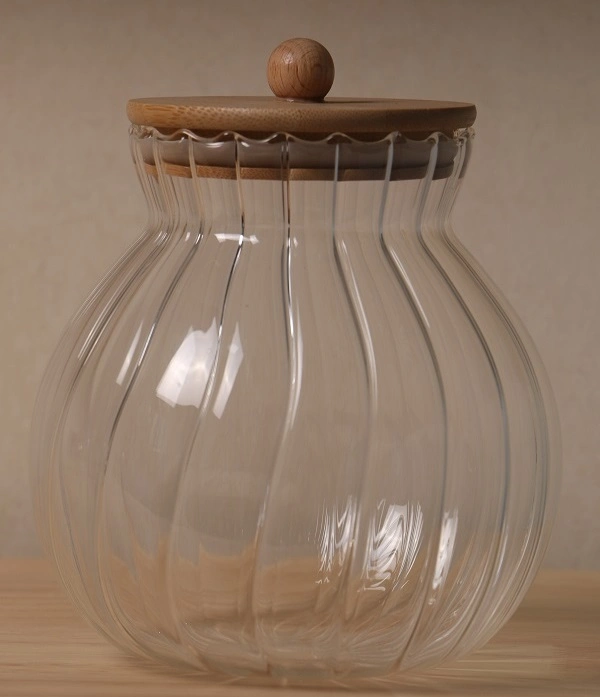 Images Are in-Kind Real Shoot Pumpkin Shape High Borosilicate Transparent Glass Jar with Crown Bamboo Cap