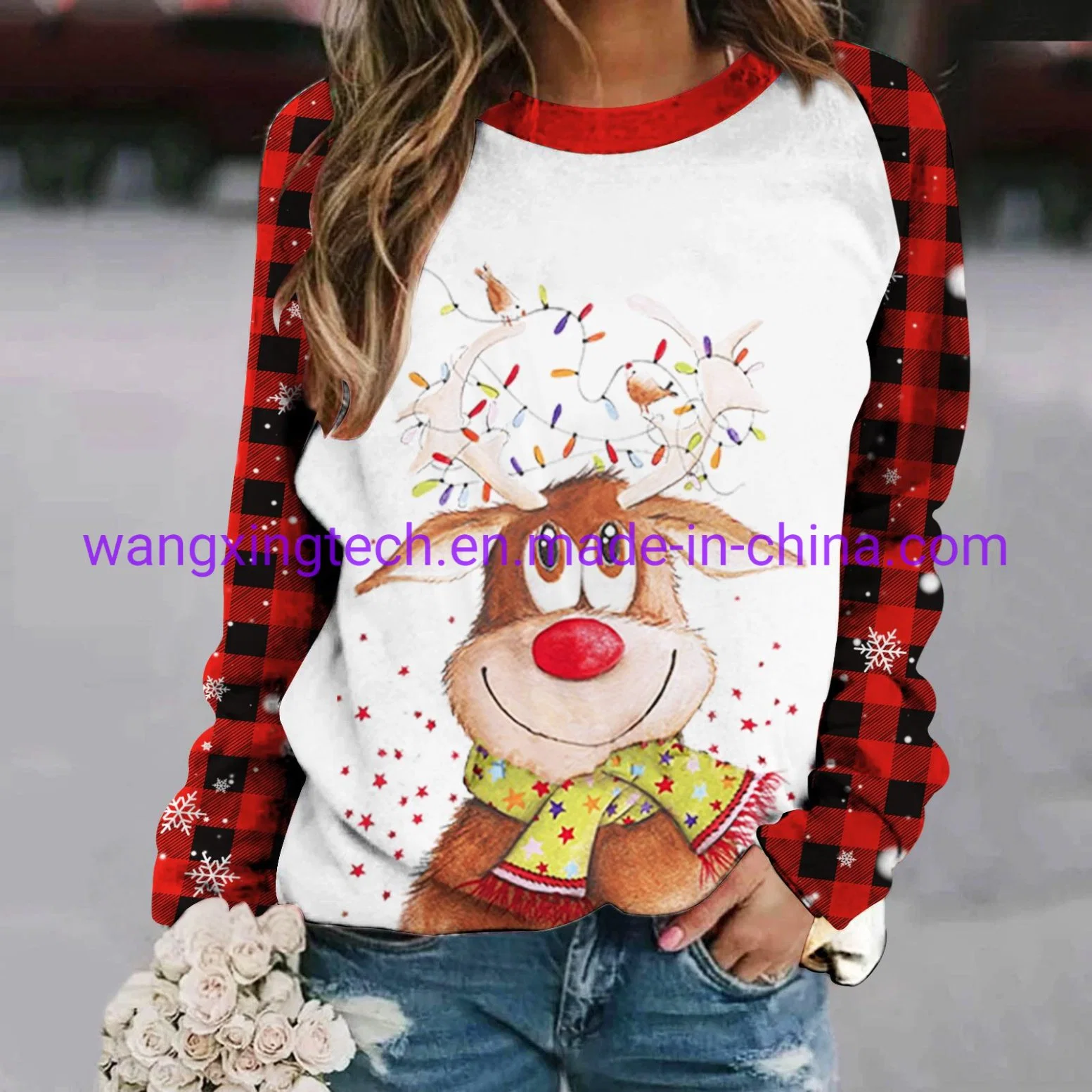 Mayorista 2022 Otoño Nuevo Digital impresión de Navidad Cartoon patrón Plaid Sudadera de cuello redondo para mujer