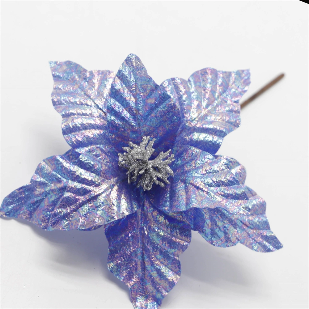 Christmas Tree Ornament Artificial Flower Xmas Blue Poinsettia with Glitter Berries for Home Decoration