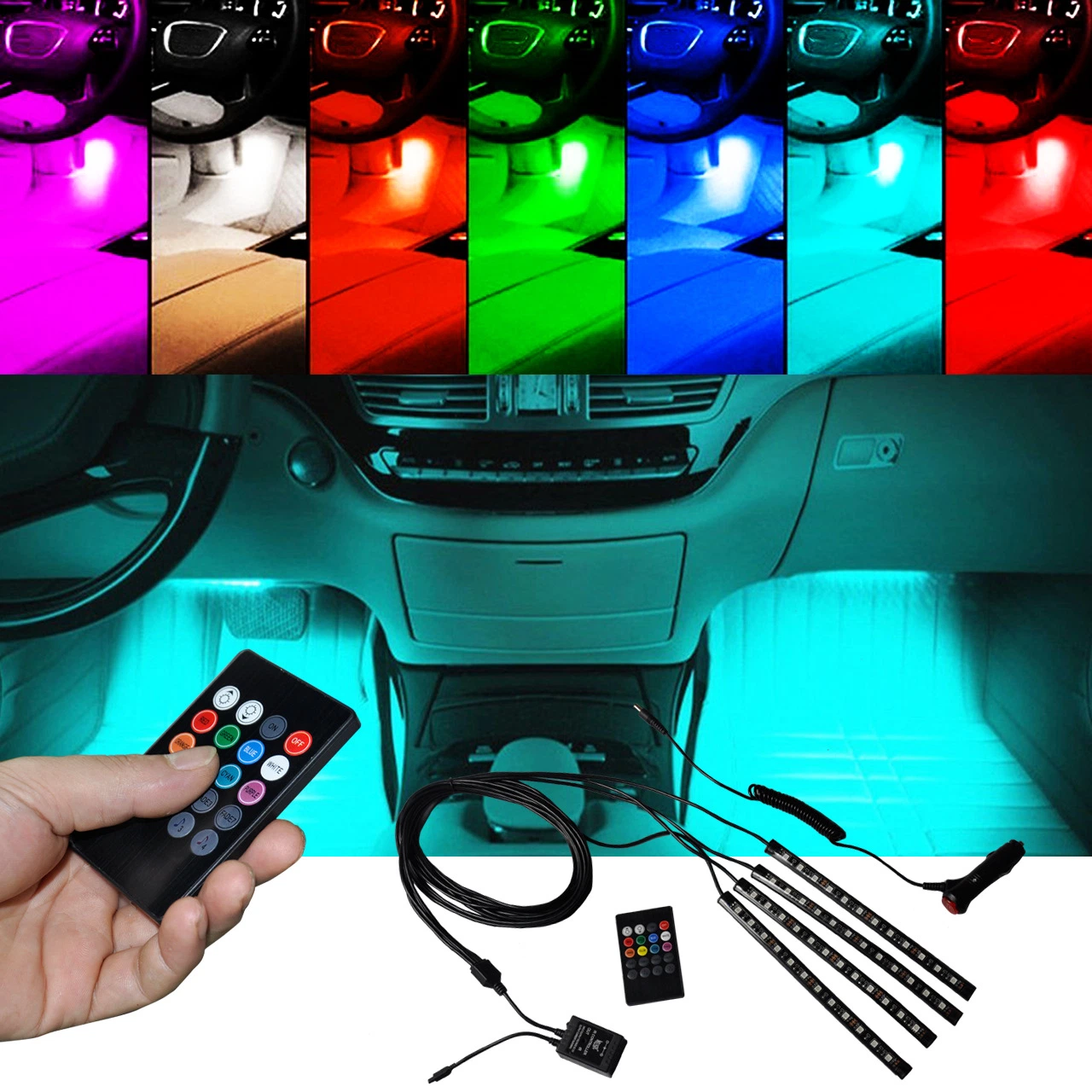 Comercio al por mayor 12V DC RGB remoto inalámbrico estilo de música de LED de luz ambiente interior de coche para la toma del encendedor