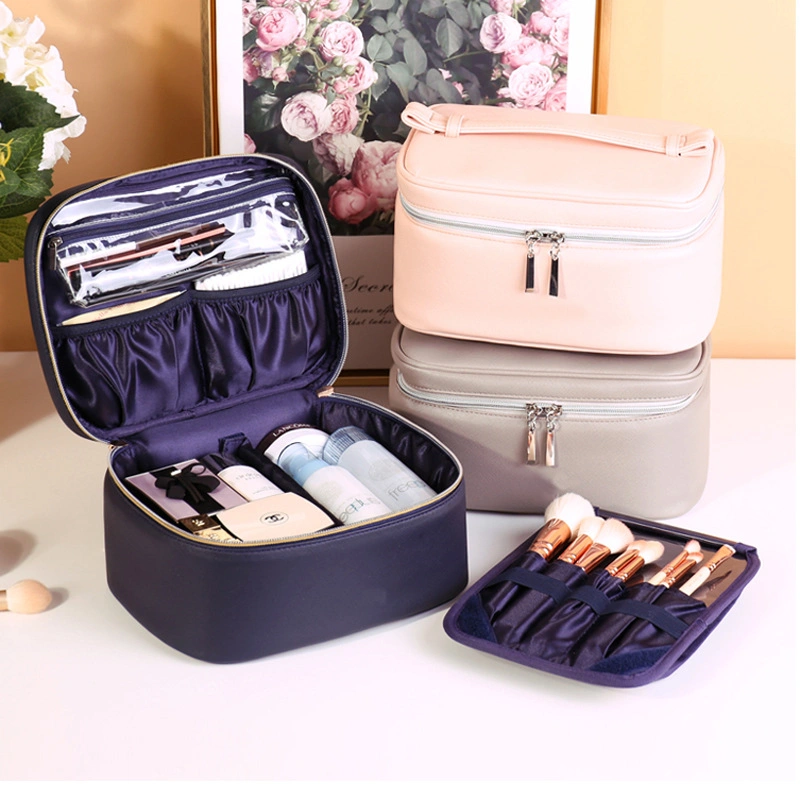 Luxury Waterproof PU Artificial Leather Square Makeup Beauty Case Portable Brush Compartments Cosmetic Bags & Cases