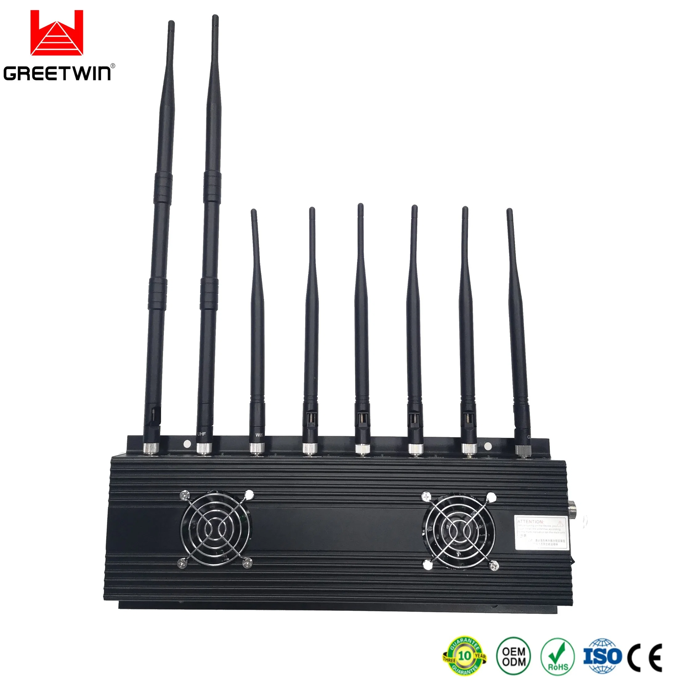 A banda de múltiplas antenas 8 40 metros dois ventilador de refrigeração 2G, 3G, 4G 5g WiFi GPS telefone celular Bluetooth Jammer 173MHz sinal Lojack Jammer